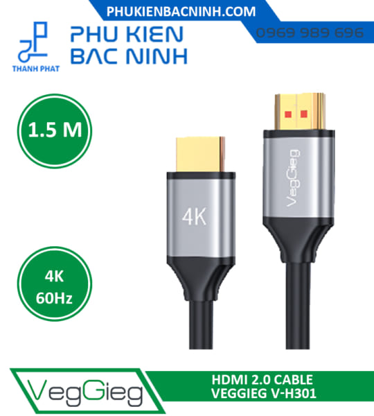 Cáp Tín Hiệu HDMI 1.5M VEGGIEG V-H301 Chuẩn 2.0 Hỗ Trợ 4K@60Hz