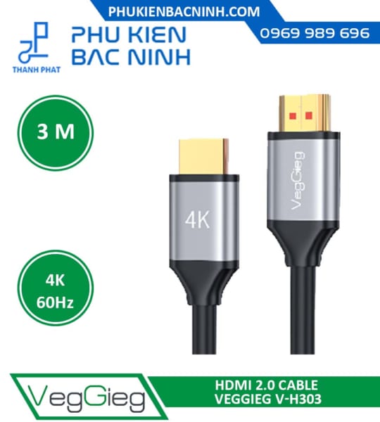 Cáp Tín Hiệu HDMI 3M VEGGIEG V-H303 Chuẩn 2.0 Hỗ Trợ 4K@60Hz