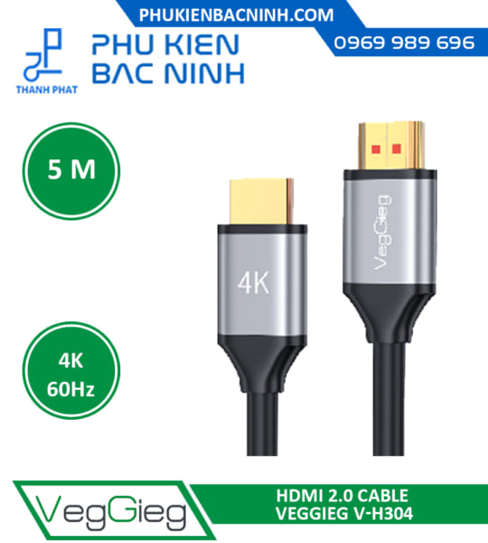 Cáp Tín Hiệu HDMI 5M VEGGIEG V-H304 Chuẩn 2.0 Hỗ Trợ 4K@60Hz