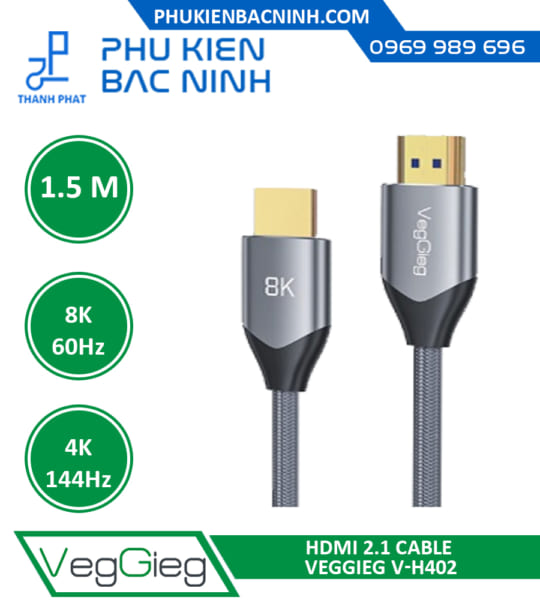 Cáp Tín Hiệu HDMI 1.5M VEGGIEG V-H402 Chuẩn 2.1 Hỗ Trợ 4K@144Hz & 8K@60Hz