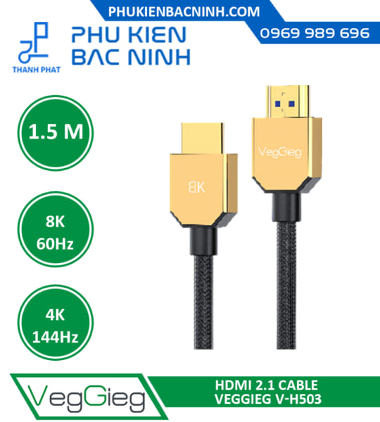 Cáp Tín Hiệu HDMI 1.5M VEGGIEG V-H503 Chuẩn 2.1 Hỗ Trợ 4K@144Hz & 8K@60Hz