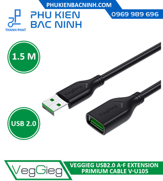 Cáp USB2.0 Nối Dài | Dài 1.5M VEGGIEG V-U105 Bọc Chống Nhiễu