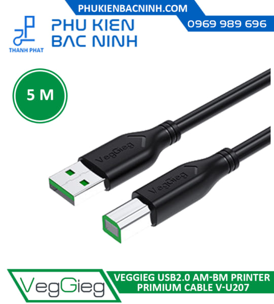 Cáp Máy In USB 2.0 A Male to B Male Dài 5M VEGGIEG V-U207 Bọc Chống Nhiễu