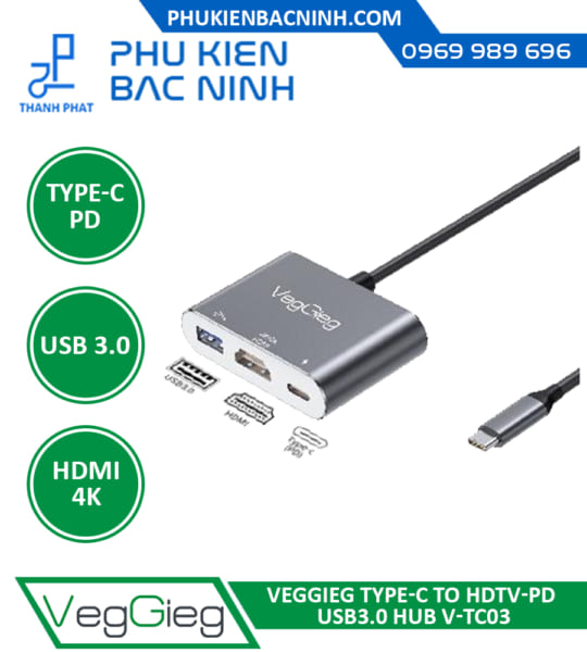 Cổng Chuyển Type C sang HDMI, USB 3.0, PD VEGGIEG V-TC03