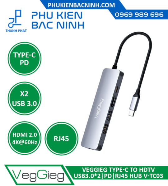 Cổng Chuyển Type C sang HDMI, USB 3.0, USB-C PD VEGGIEG V-TC05H