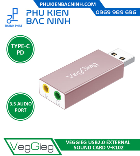 Card Sound USB 2.0 sang Port 3.5 Mic và Tai nghe VEGGIEG V-K102