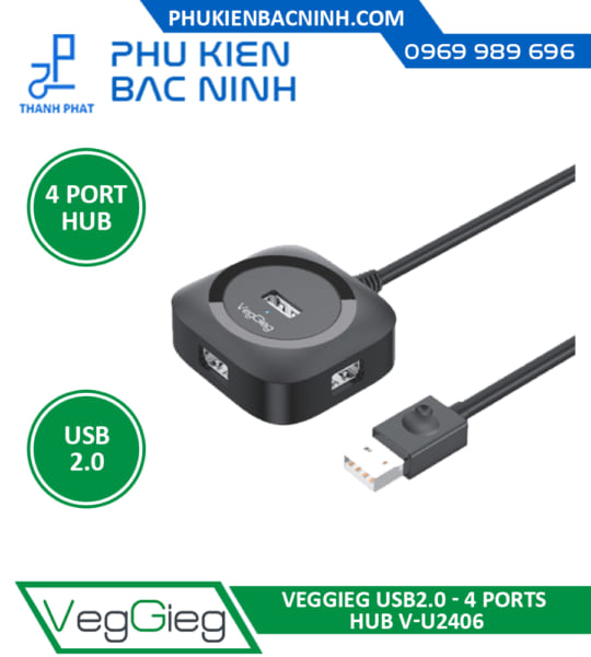 HUB USB 2.0 – 4 Cổng Có Hỗ Trợ Nguồn Ngoài VEGGIEG V-U2406