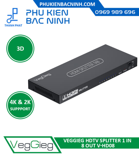 Bộ Chia HDMI 1 ra 8 VEGGIEG V-HD08 Hỗ Trợ 4K-UHD