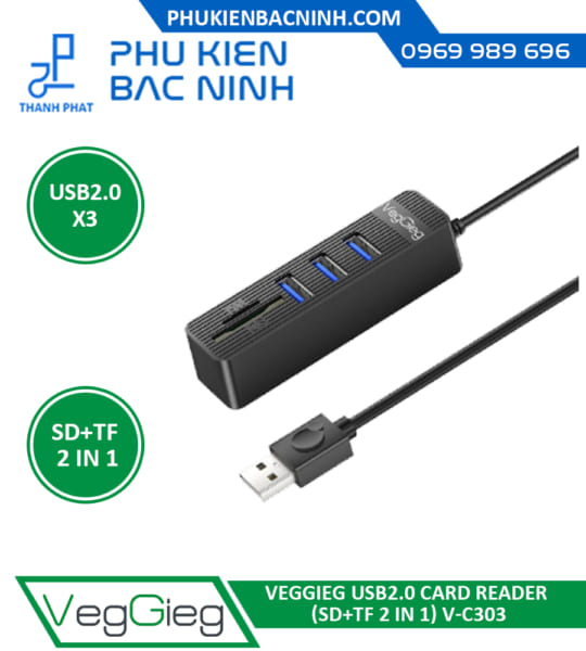 HUB USB2.0 & Đầu Đọc Thẻ 5 Trong 1  VEGGIEG VC303