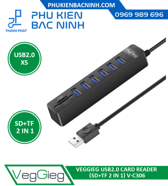 HUB USB2.0 & Đầu Đọc Thẻ 7 Trong 1  VEGGIEG VC306