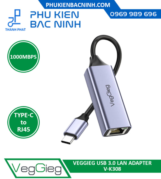 Cáp Chuyển Đổi USB Type-C to LAN Tốc Độ 1000 Mbps VEGGIEG V-K308