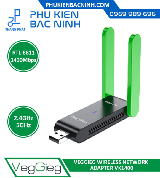 Bộ Thu WiFi Tốc Độ Cao Chuẩn AC1400Mbps Băng Tần Kép VEGGIEG V-K1400